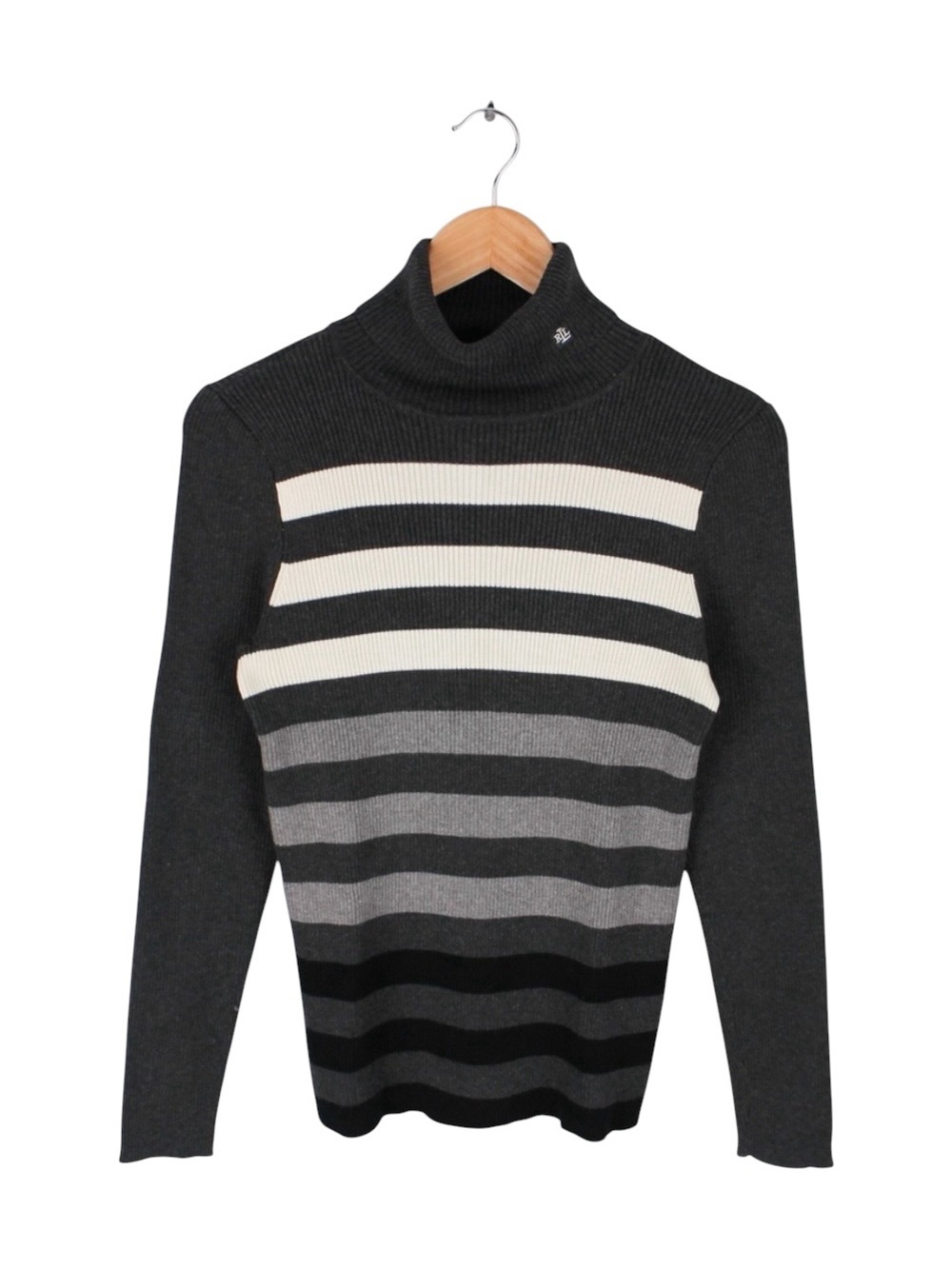 Lauren Ralph Lauren Ribbed Turtleneck Sweater Black Gray Striped‎ Size Large